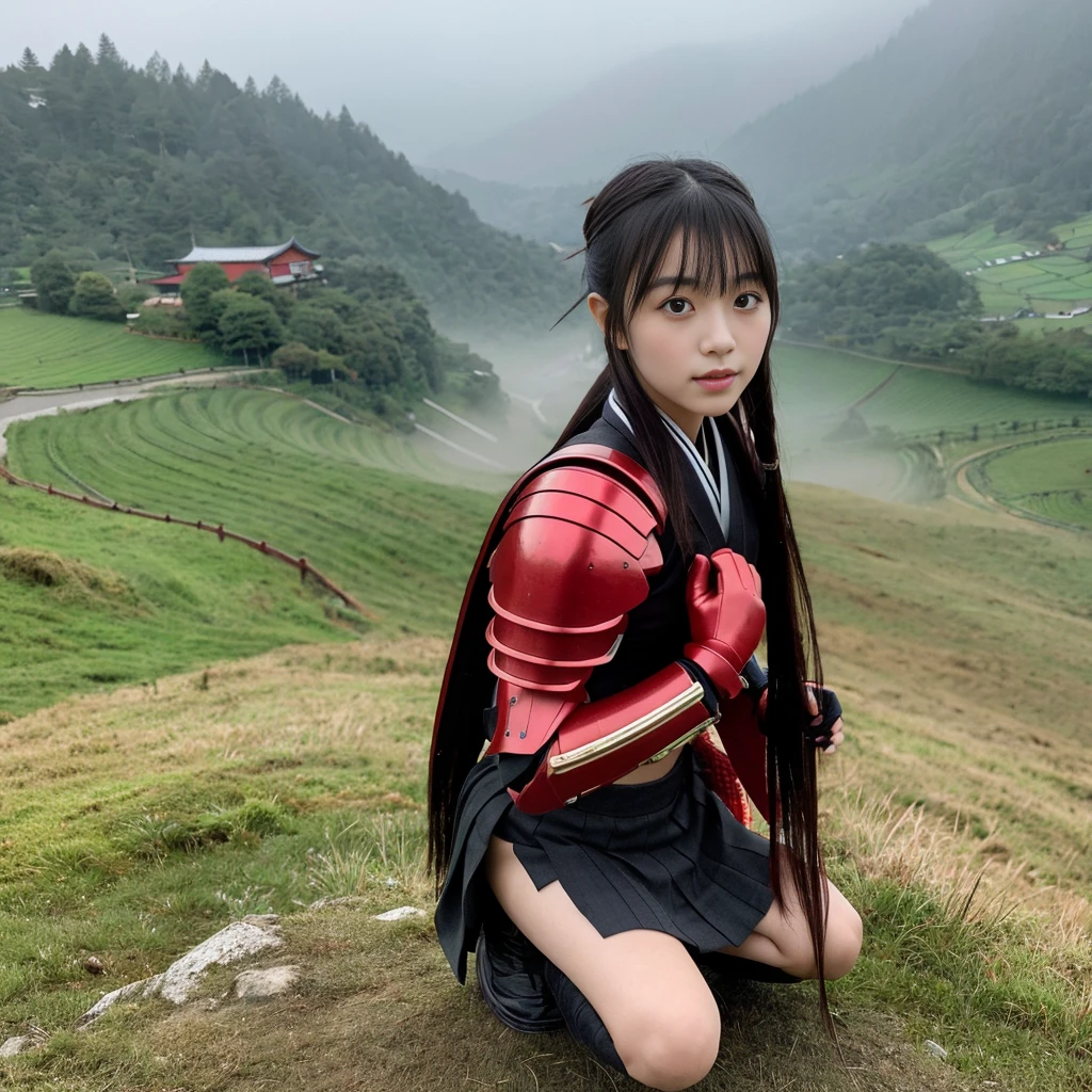 japanese girl wearing full samurai armor and skirt kneeling down on top of the hill facing a misty valley, best quality, perfect body, ultra realistic, accurate details, beautiful face
