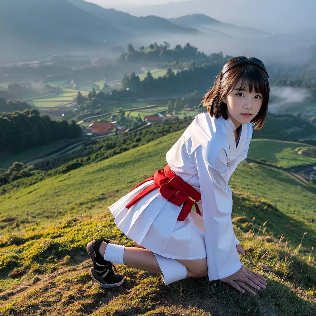 japanese girl wearing full samurai armor and skirt kneeling down on top of the hill facing a misty valley, best quality, perfect body, ultra realistic, accurate details, beautiful face