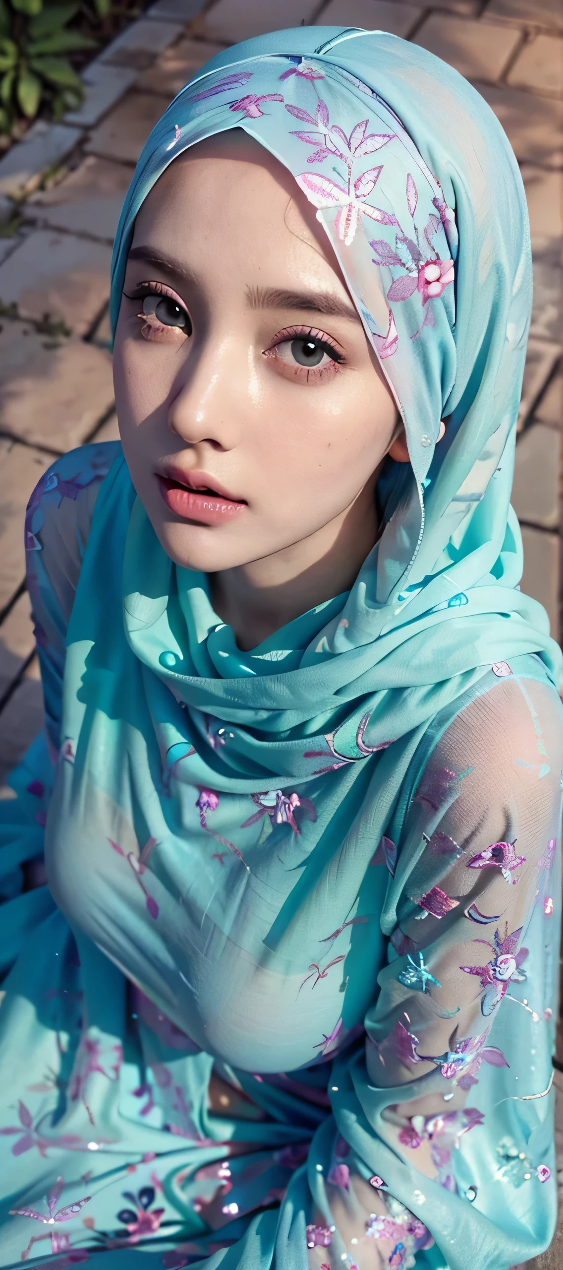 Realistic photo,wearing party dress and long hijab aqua colours, look from above, hyperrealistic, masterpiece, sweet ekspresion, melancholy , closeup photo, bright eyes, sexy lips, detailed makeup, detailed eyes cornea, wearing hijab no hair looks, blush pink cheek, outdoor background, full body