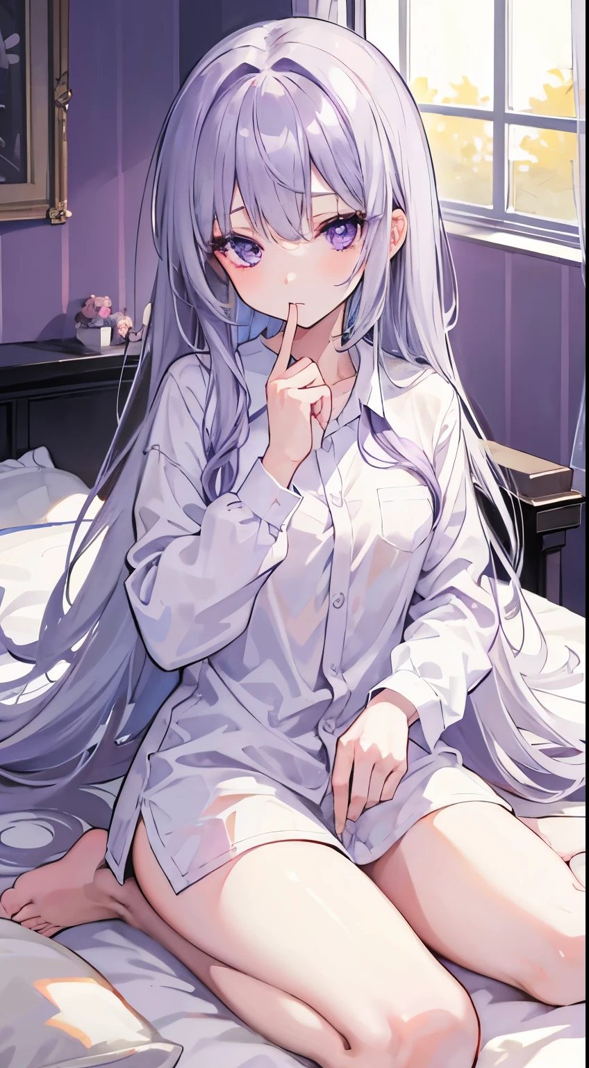 Highest quality,Girl,Silver Hair,Long Hair,Straight Hair,Purple Eyes,Teddy bear,Bedroom,Naked shirt,Close your right eye