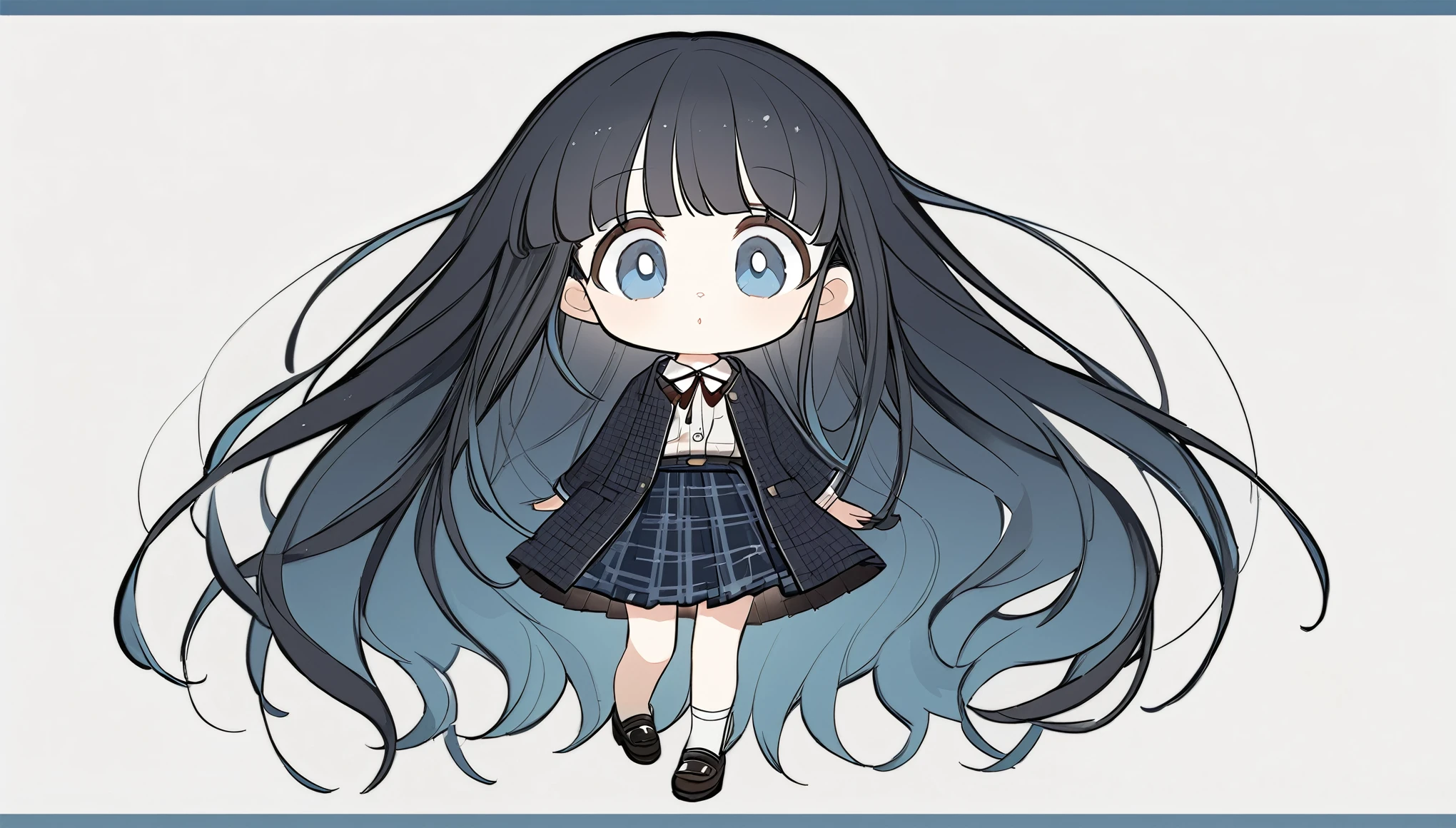 Chinese animation style，A girl，Q version，Full body image，Black flowing long hair，Black bangs，Wearing a JK skirt，big eyes，Round Face，No hair accessories，Pure white undertone，Lots of details，Ultra-high resolution，32k，Eyes are blue，Blue gradient hair ends，The skirt is dark blue plaid，The top is black with dark pattern