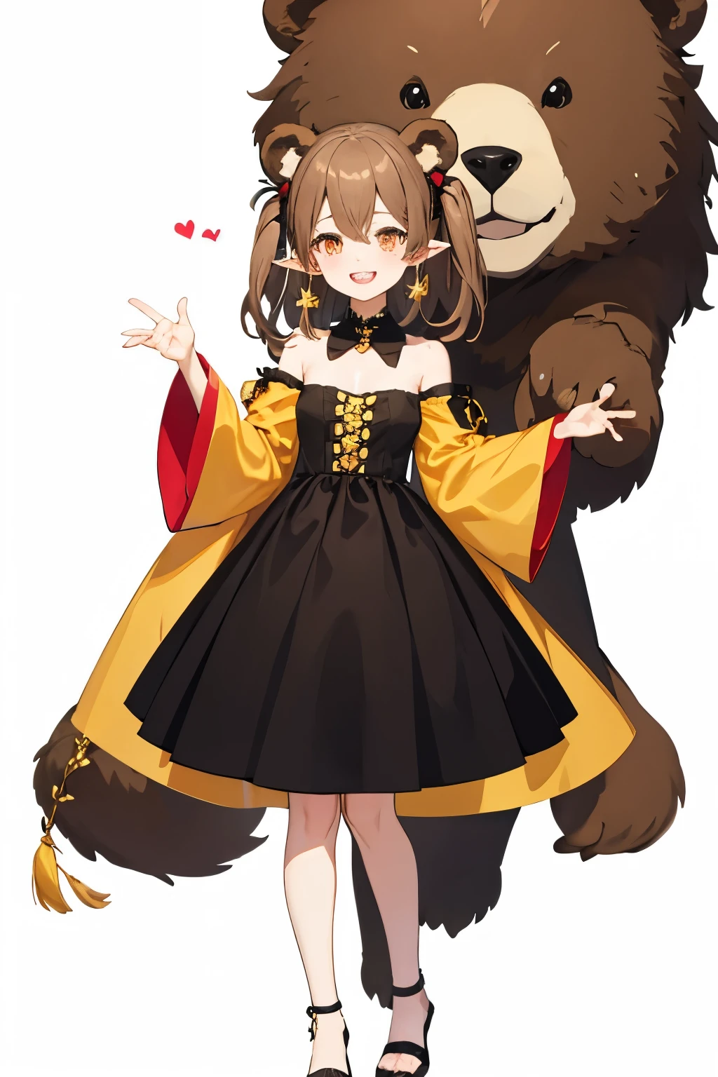 Anime Style、(White Background)、((masterpiece.highest quality))、One woman、Brown Hair、Shoulder-length hair、Hair between the eyes、Red-orange eyes、Woman with bear ears、Laughter、cute、laughing、Small black and gold earrings in both ears、standing,full body,toe,