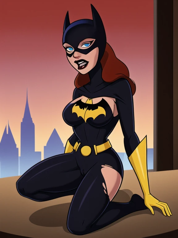 score_9, score_8_up, score_7_up, score_6_up, 1girl, solo, batgirl is sittingon her knees,hot fat thighs , mask, black lips, red hair, belt, (torn bodysuit), black bodysuit, sideboob, pointy breasts, cape, yellow gloves,in windowviewof gotham city, red sky, dirigible, (icy blue eyes) thin beautiful nose, open mouth,( on her knees) ripped suits,riding dick