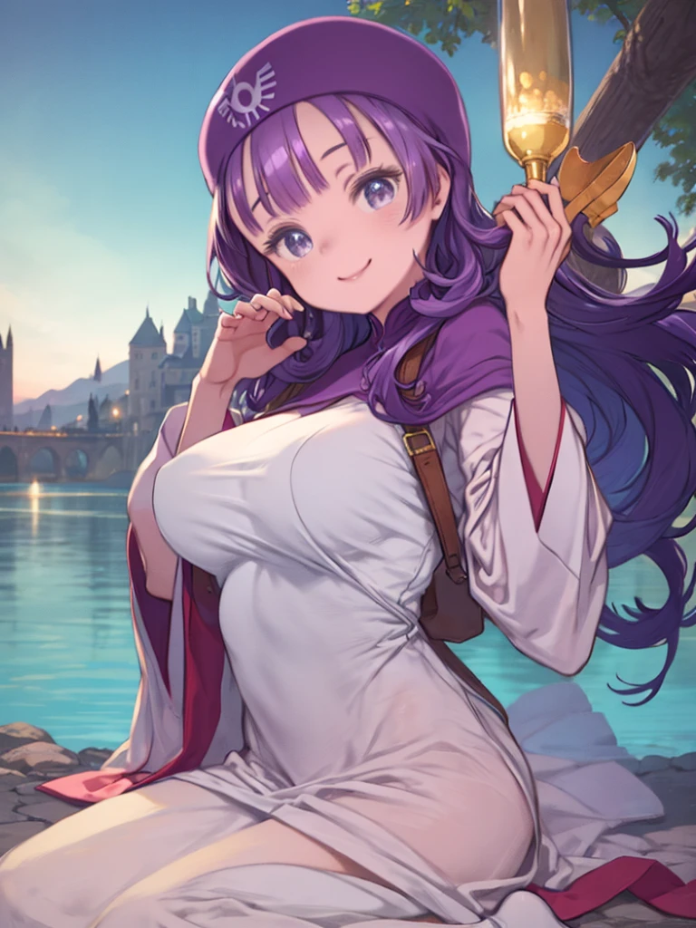 masterpiece、highest quality、High resolution、Very detailed、woman、cute、Smiling、(dqPOM、 purple hair, robe、 robe、Big Breasts)、