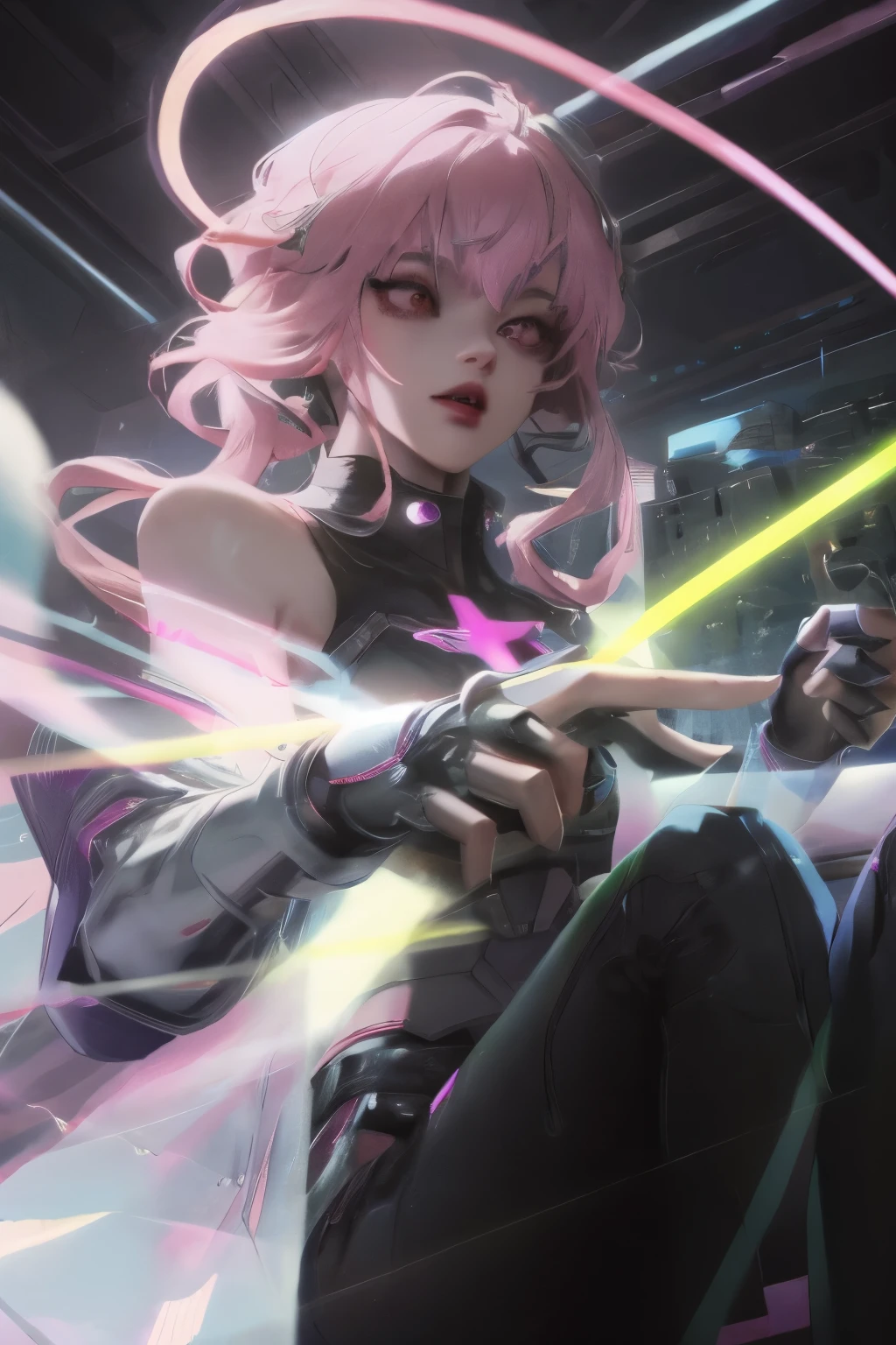 Cyberpunk, Pink Hair, Futurism, Surreal, Ultra wide angle, Wide-angle lens, look up, Dynamic Movement, expressive, Energetic, Sacred Edge of Cinema, Laser holographic pictures