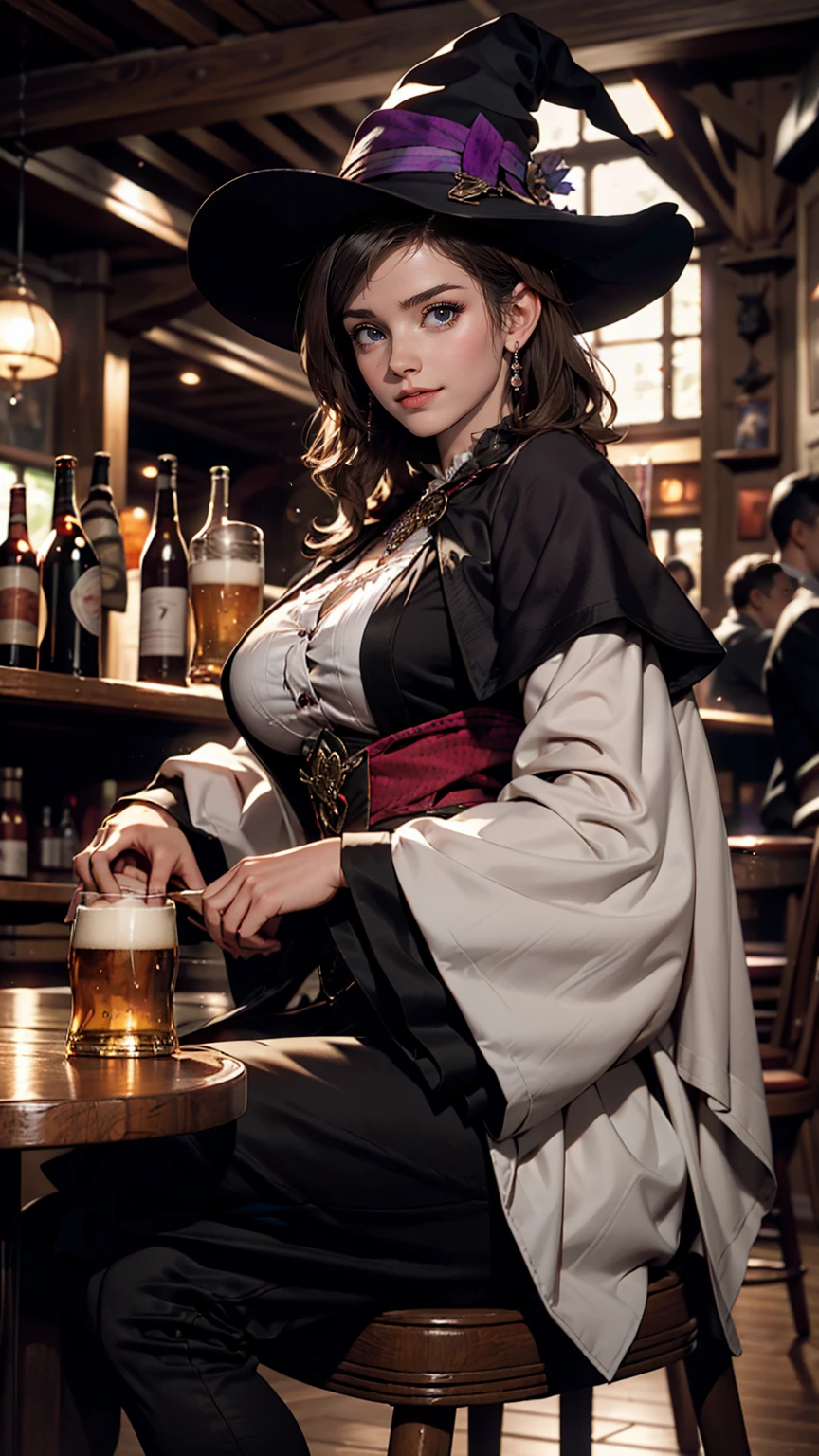 Beautiful witch woman, Short black hair, Purple eyes, Large Breasts, Dressed in witch clothes, Sitting in a pub and smiling, Realistic, Full HD, highest quality