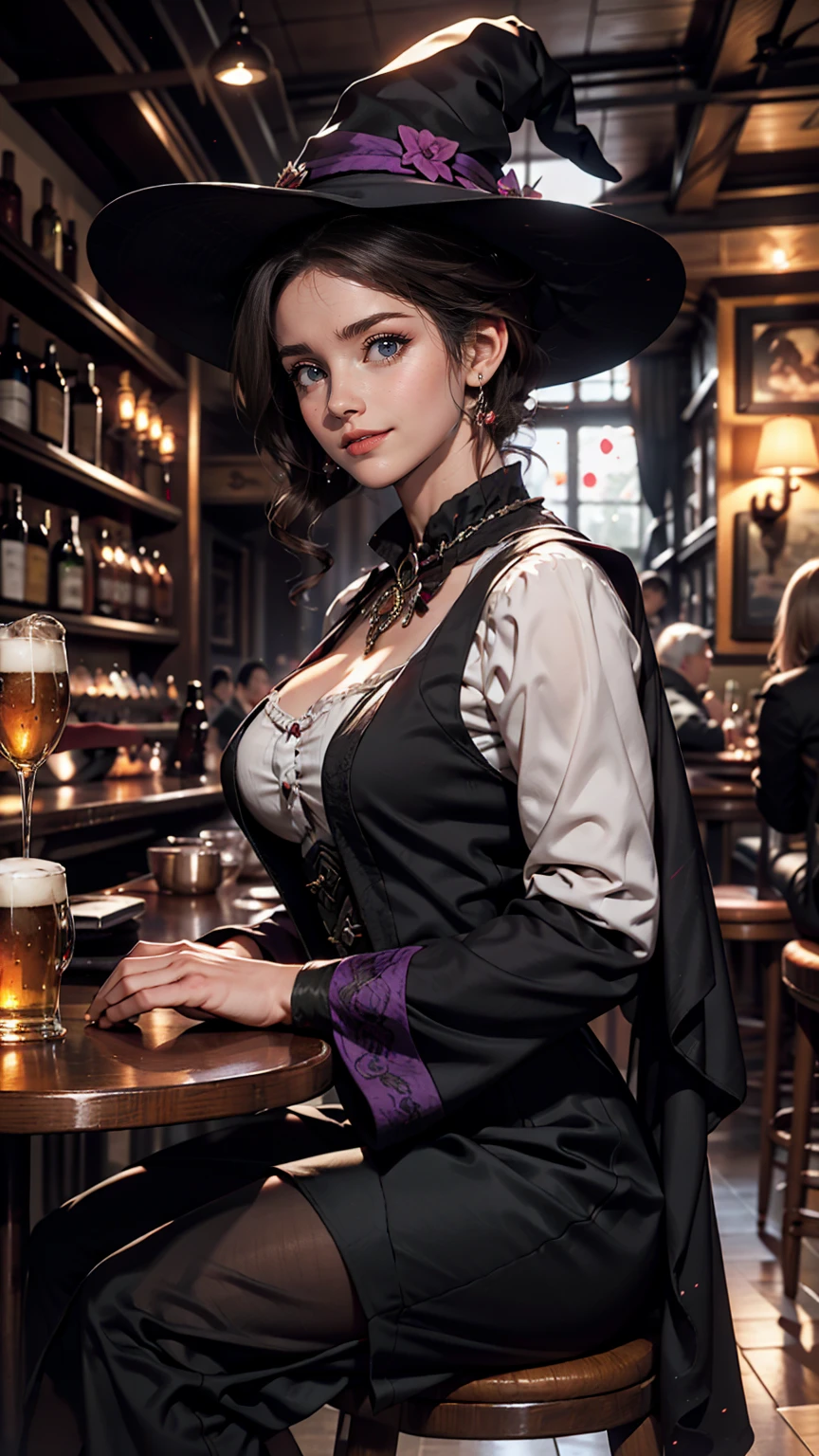 Beautiful witch woman, Short black hair, Purple eyes, Large Breasts, Dressed in witch clothes, Sitting in a pub and smiling, Realistic, Full HD, highest quality