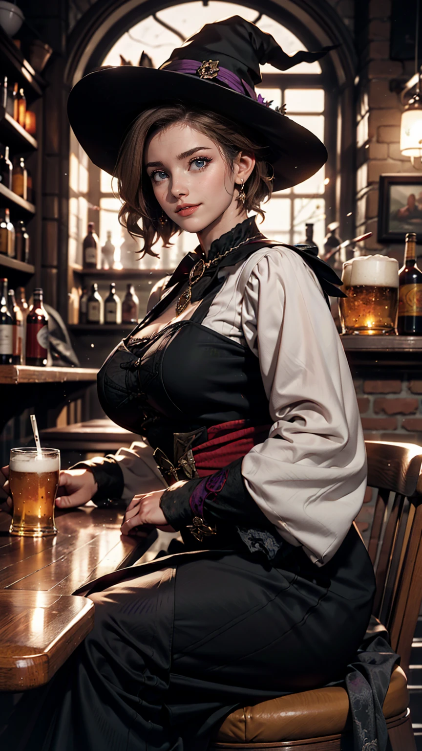 Beautiful witch woman, Short black hair, Purple eyes, Large Breasts, Dressed in witch clothes, Sitting in a pub and smiling, Realistic, Full HD, highest quality