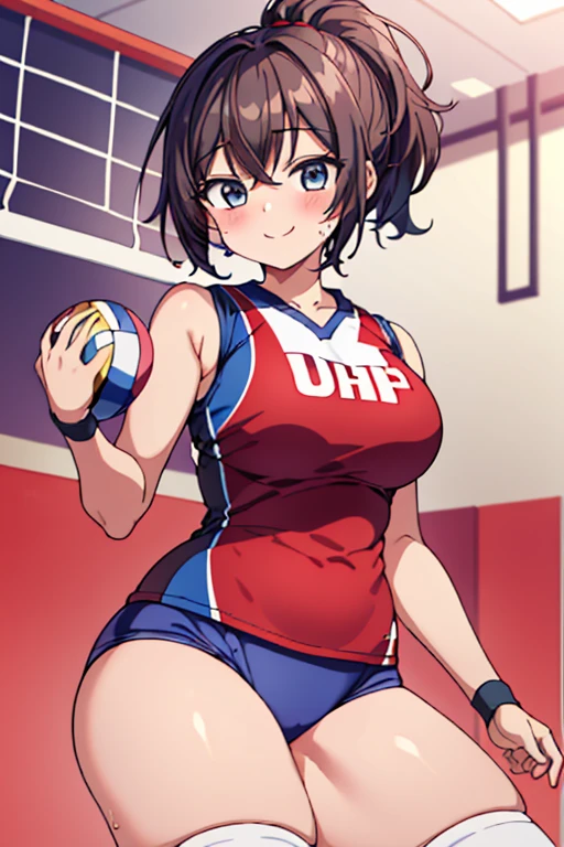 UHD, anatomically correct, 8k, ultra high res, (((masterpiece))), (((best quality))), (((ultra detailed))), (((high-resolution))), ((super fine illustration)), ((Ultimate cutie)), detailed beautiful face, shiny hair, potbelly, (curvy), medium breasts, (Thick thighs), solo, one girl, (gyaru), shiny hair, ((happy)), ((smile)), ((blush)), BREAK, ((hold Beautiful spherical shape 6-inch volleyball with both hands)), BREAK, (((buruma))), ((sleeveless volleyball uniform)), (knee pad), ((sweat)), (covered in sweat), (heavy breathing), sense of depth, in volleyball court, gymnasium, looking at viewers, cowboy shot