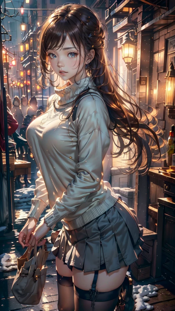 It's snowing,spread arms,town,(ultra detailed skin),curvy,,beautiful breasts,large breasts,pale skin,pointy breasts,erect nipples,(fantasy art,Highest image quality,Hyperrealist portrait,(8k),ultra-realistic,best quality, high quality, high definition, high quality texture,high detail,beautiful detailed,fine detailed,extremely detailed cg,detailed texture,a realistic representation of the face,masterpiece,Sense of presence,Dynamic,bold),(thin hair),(soft hair),Swept long bangs,extra light coppery amber hair,hair over one eye,clothed,(baggy sweater),tight mini skirt,stockings,Engineer boot,girl