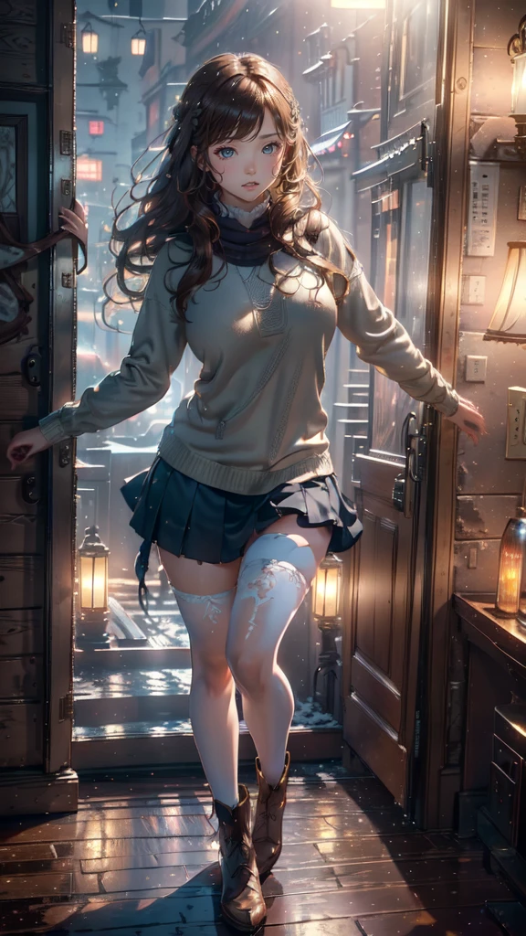 It's snowing,spread arms,town,(ultra detailed skin),curvy,,beautiful breasts,large breasts,pale skin,pointy breasts,erect nipples,(fantasy art,Highest image quality,Hyperrealist portrait,(8k),ultra-realistic,best quality, high quality, high definition, high quality texture,high detail,beautiful detailed,fine detailed,extremely detailed cg,detailed texture,a realistic representation of the face,masterpiece,Sense of presence,Dynamic,bold),(thin hair),(soft hair),Swept long bangs,extra light coppery amber hair,hair over one eye,clothed,(baggy sweater),tight mini skirt,stockings,Engineer boot,girl