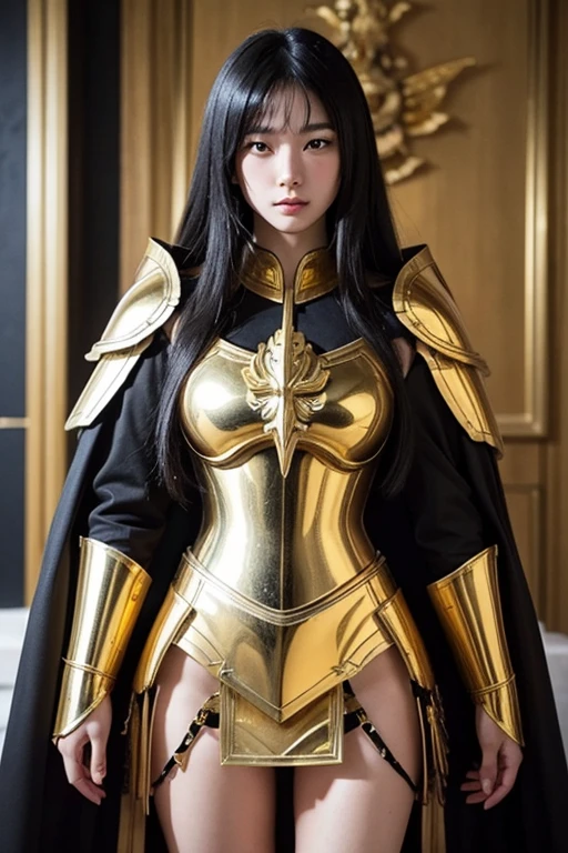 Attractive 18 year old Japanese race queen, Shiny black hair, Close-up of a woman in gold with a white cape, Beautifully patterned gold armor, Sailor Galaxia, God Emperor of Mankind, Golden Armor, Saint Seiya, Gold Paladin, ライトGold Armor, welcome, Dressed in gold armor, Golden Armorを着て, Gold Armor, Wearing golden armor, The welcomes of gold, Charismatic, Model standing，The whole body shines like a diamond，