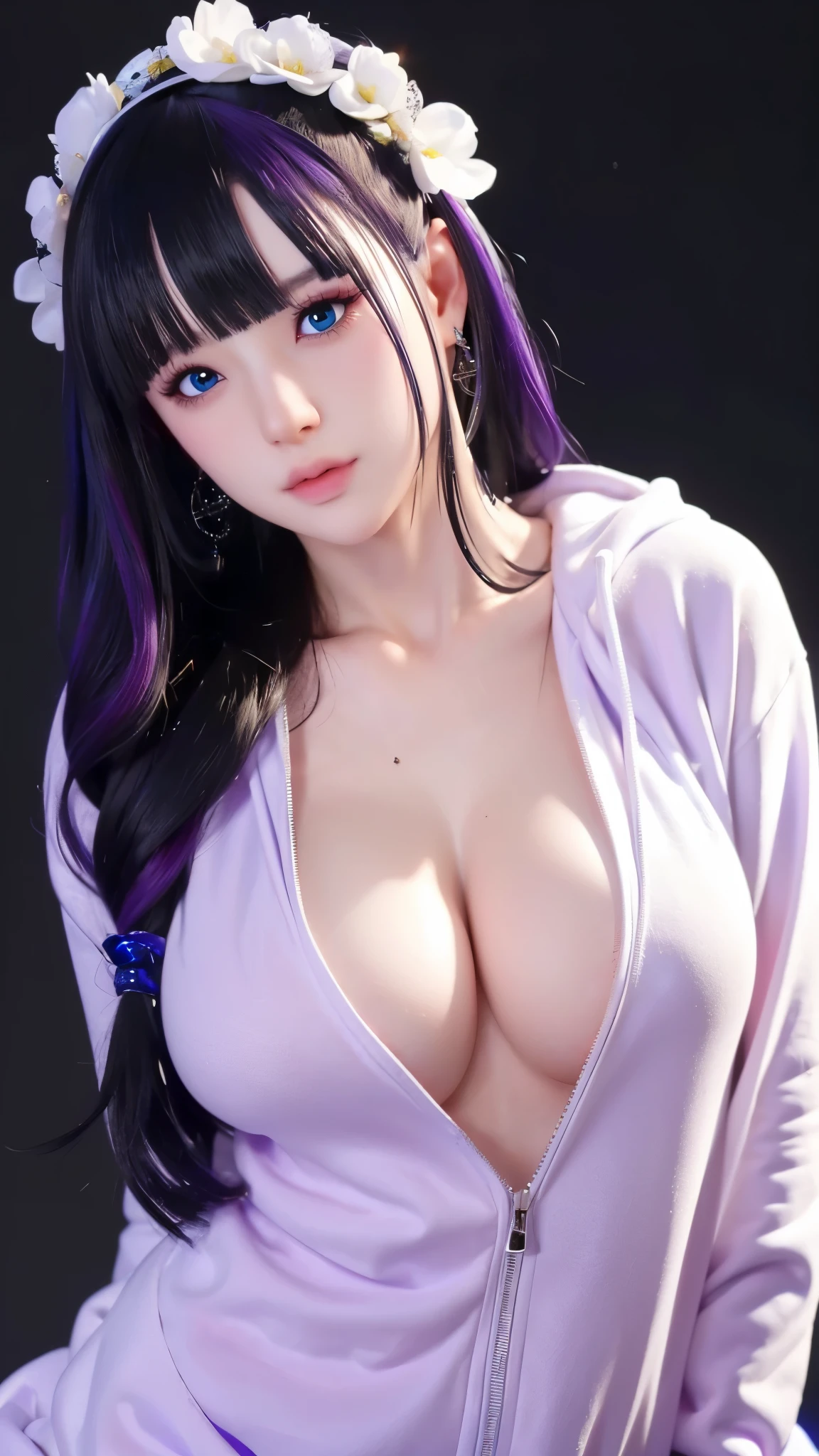 (((完美figure,figure,solo, White and tender skin,(((Cyberpunk,naked hoodie))),(((shaosiming,hair ornament, purple hair, very long hair, blunt bangs, hair rings,))),((masterpiece)),high resolution, ((Best quality at best)),masterpiece,quality,Best quality,((( Exquisite facial features,Looking at the audience,There is light in the eyes,(((blurred))),型figure:1.7))),(((Light and shadow,Huge breasts))),(((Looking at the camera,black background))))