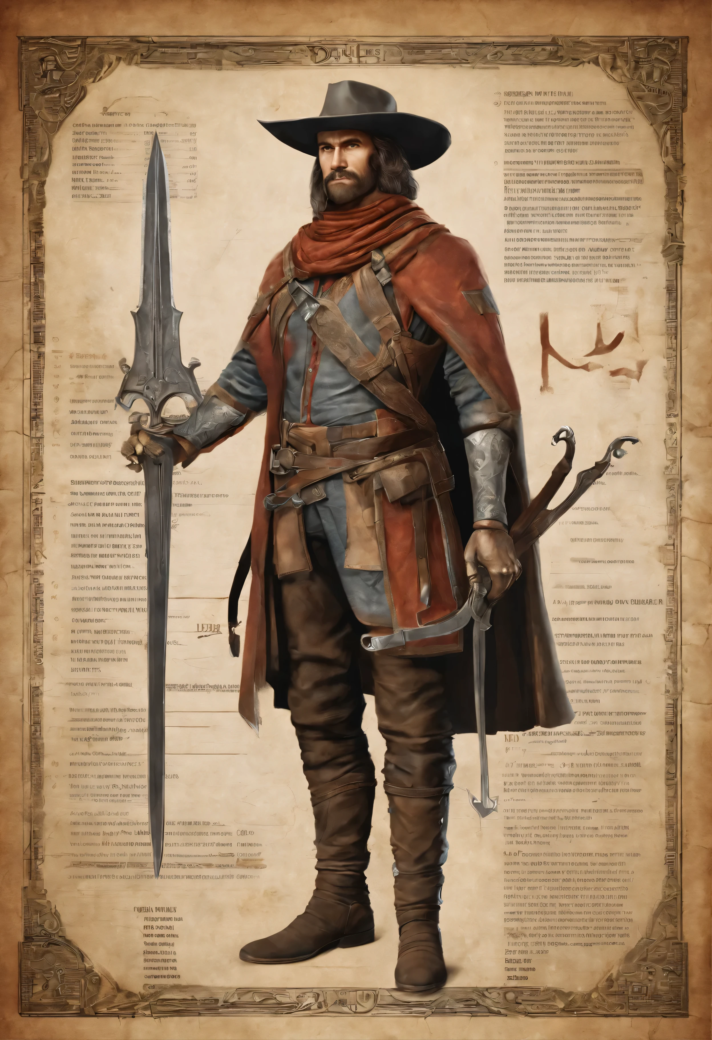 portrait of a medieval cowboy, condescending look, cool espada figure, holding crossbow, portrait of a medieval man, he is ugly, dungeons and dragons artstyle, high detail, border, chart, character chart, cowboy shot, textured skin, super detail, masterpiece, anatomically correct, best quality