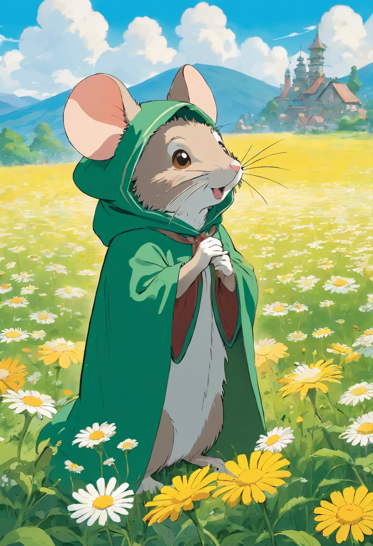 Mouse in a green cloak, sniffs chamomile, flower field