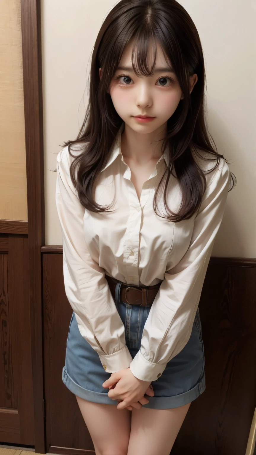 ((standing)) , (both hands on knee) , leaning forward , master piece , best quality , highly detailed , (matured female) , blouse , japanese