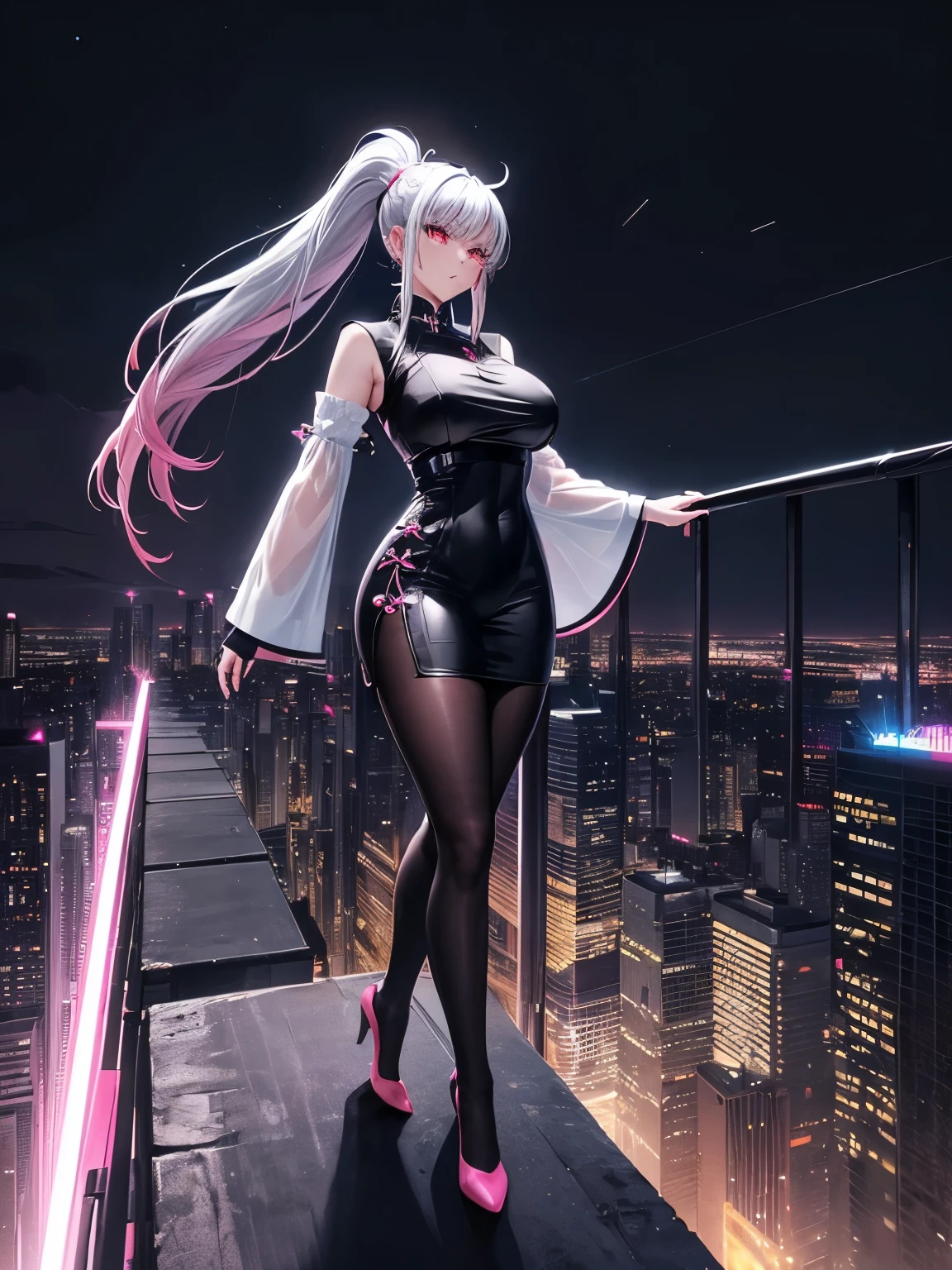anime, (artwork, best quality, ultra-detailed, high contrast), 1 woman (Alone, full body, plus size body, standing on the edge of the skyscraper, silver hair, LONG In a ponytail, red eyes ruby sparkles, (simple black qipao, black cybernetics with neon pink), transparent black socks), (skyscraper roof, overlooking a city, detailed background ((night time, Darkness, low light pollution)))