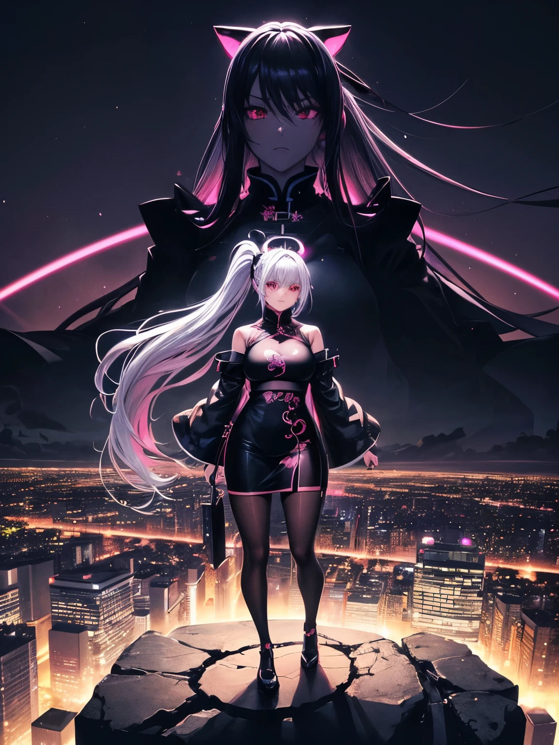 anime, (artwork, best quality, ultra-detailed, high contrast), 1 woman (Alone, full body, plus size body, standing on the edge of the skyscraper, silver hair, LONG In a ponytail, red eyes ruby sparkles, (simple black qipao, black cybernetics with neon pink), transparent black socks), (skyscraper roof, overlooking a city, detailed background ((night time, Darkness, low light pollution)))