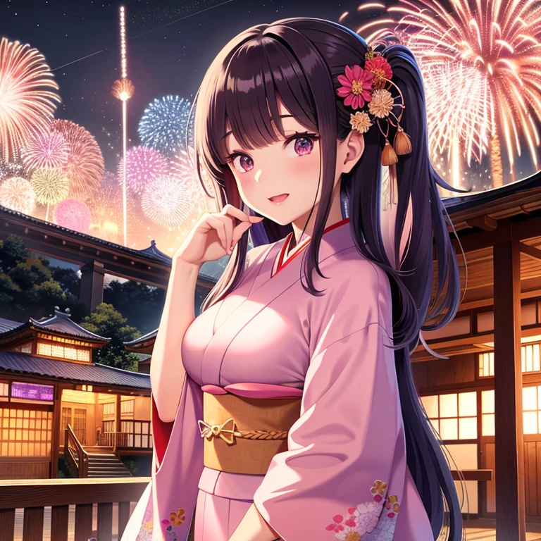 Nishikigoi-style kimono,Ai Fukuhara,Large breasts,Purple long hair,Fireworks are going up in the background
