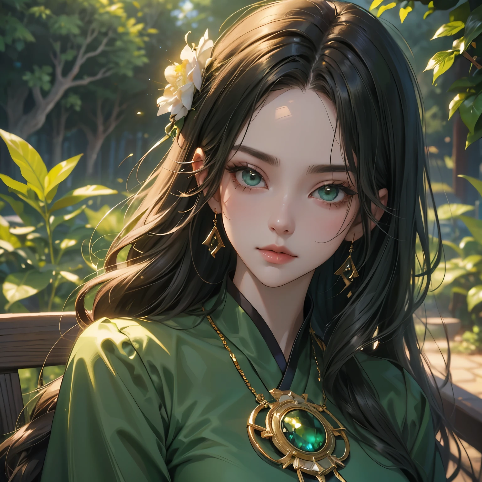 portrait,close up of a woman in green dress,head and bust, detailed eyes,beautiful dress, portrait,  garden backgriund,Beautiful full body concept art, Beautiful and charming woman, Woman full body art, guweiz, beautiful woman, Digital art on pixiv, Kushat Krenz Key Art Women, full body xianxia, Delicate face Gorgeous face Delicate face, gold Theme , green accessoires