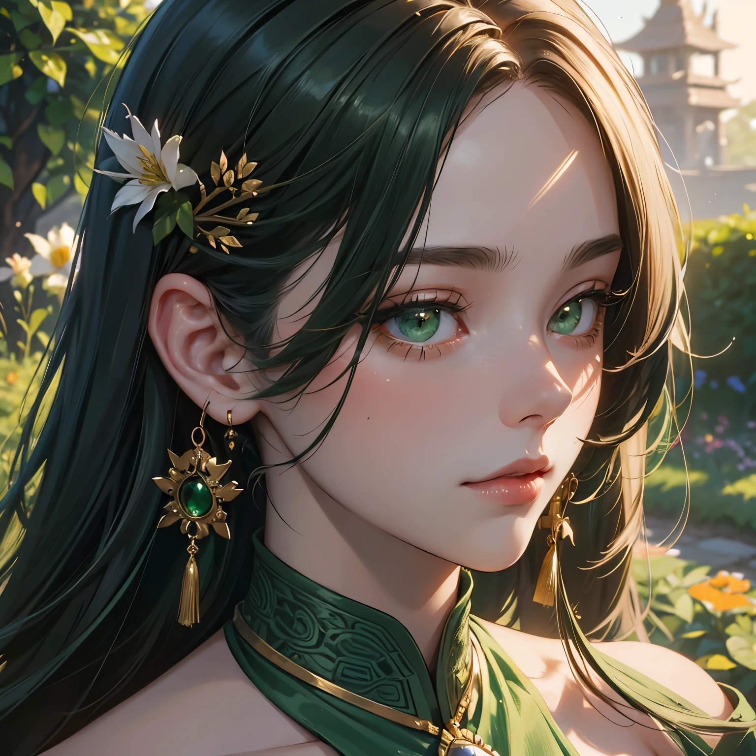portrait,close up of a woman in green dress,head and bust, detailed eyes,beautiful dress, portrait, garden backgriund,Beautiful full body concept art, Beautiful and charming woman, Woman full body art, guweiz, beautiful woman, Digital art on pixiv, Kushat Krenz Key Art Women, full body xianxia, Delicate face Gorgeous face Delicate face, gold Theme , green accessoires