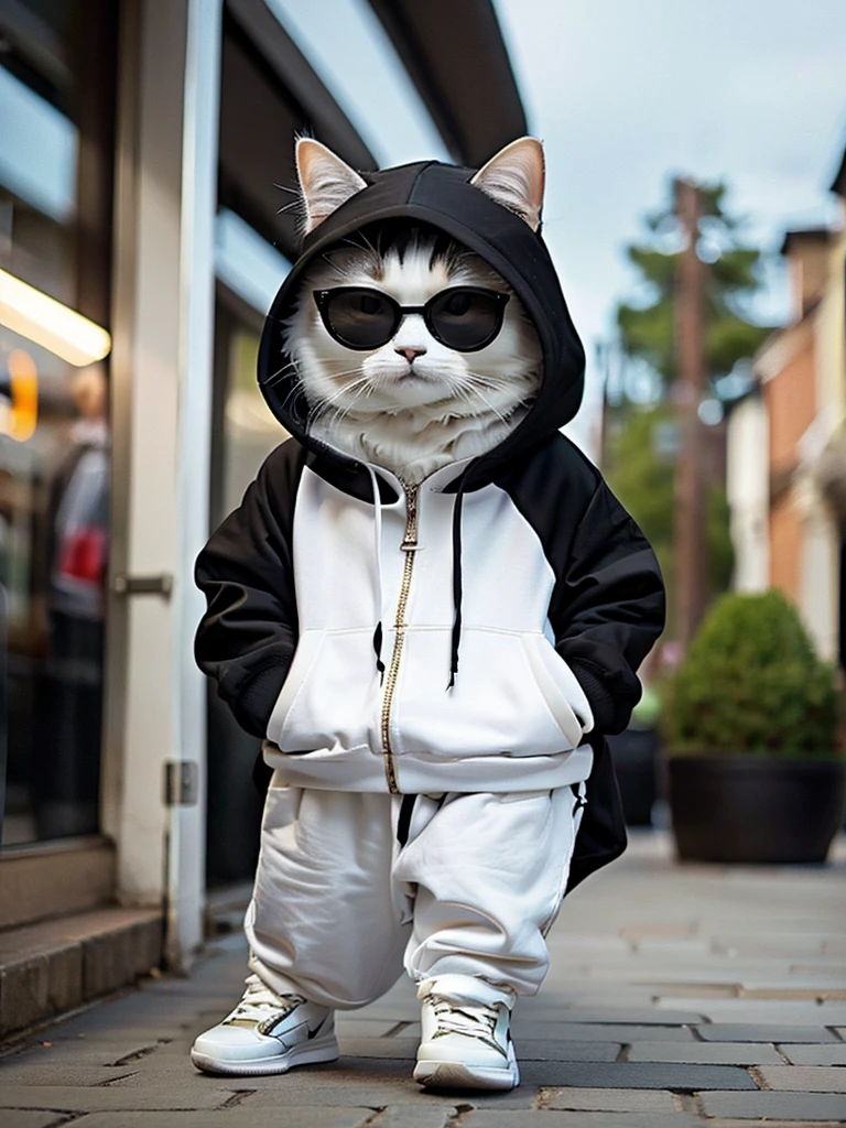 masterpiece, highest quality, cute cat, Wearing a casual black hooded suit, White sneakers, Wearing sunglasses、Cool expression, Cute digital illustration art,