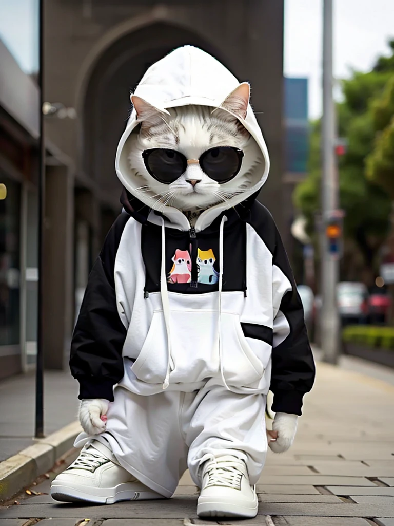 masterpiece, highest quality, cute cat, Wearing a casual black hooded suit, White sneakers, Wearing sunglasses、Cool expression, Cute digital illustration art,