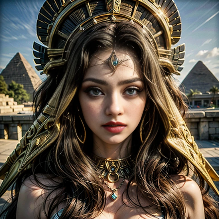 Queens of Ancient Egypt、Cleopatra、A beautiful woman、Beautifully detailed eyes、Beautifully detailed lips、Long eyelashes、Gorgeous Woman、(Full body portrait:1.4)、Kneel gracefully、Sublime Beauty、Golden calf ornament crown、White cylindrical dress、Egyptian Hieroglyphics、Exotic background、Sunset lighting、Mysterious atmosphere、Elaborate Jewelry、(Complex eye makeup:1.5)、Gorgeous golden throne、Elaborate head dress、ancient egyptian symbols、Desert Background、(Sphinx、pyramid)、Dramatic Shadows、Detailed facial features、Bright colors彩、Luxurious fabrics、Historical accuracy、Clever Construction、Majestic Aura、Mysterious charm、Shining Beauty、Excellent craftsmanship、Rich texture、Decorative accessories、Exquisite environment、Royal Confidence、Theatrical presence、Captivating Gaze、Seductive attitude、Captivating Charm、Delicate hand gestures、A noble crown、Luxurious ornamentythological references、Symbolic Representations、Dignified elegance。 (highest quality、4K、High resolution、masterpiece:1.2)、Super detailed、(Real、Photorealistic、Photorealistic:1.37)、Bright colors、Professional Lighting、Sharp focus、Crisp details