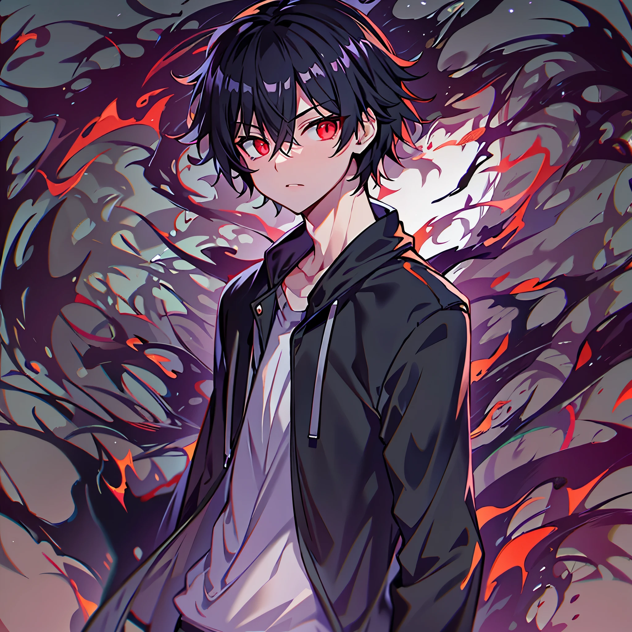 High resolution,close range、Anime boy with black hair and red eyes looking at the camera, Glowing red eyes,slim, Wearing black clothing,Shadow Body,Colorful background,My hair is messy,yameroyandere, 、Facing forward、Standing with one's whole body erect、highest quality、Highest quality