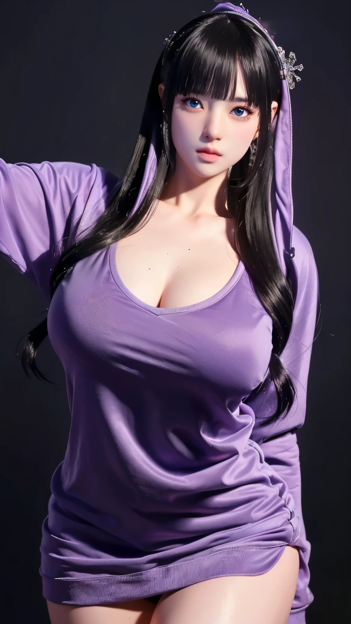 （（（完美figure，figure，solo， White and tender skin，（（（Cyberpunk，naked hoodie））），（（（shaosiming，hair ornament, purple hair, very long hair, blunt bangs, hair rings,））），((masterpiece)),high resolution, ((Best quality at best))，masterpiece，quality，Best quality，（（（ Exquisite facial features，Looking at the audience,There is light in the eyes，(（（blurred））），型figure:1.7））），（（（Light and shadow，Huge breasts））），（（（Looking at the camera，black background)）））