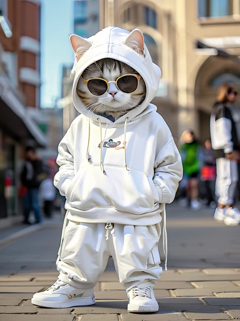 masterpiece, highest quality, cute cat, Wearing a casual hooded suit, White sneakers, Wearing sunglasses、Cool expression, Cute digital illustration art,