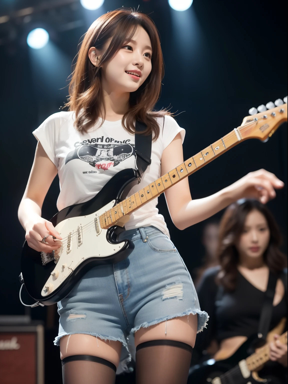 (((Fine and best quality))),((Best Work)),Golden Ratio,clear,Incredible quality:1.1,Detailed depiction,((Perfect and flawless anatomy)),Adult women in their early 20s,((Dense and delicate skin,face,)),(Shiny skin),(shiny colorful hair),The body is slim,T-Shirts,Denim Tight Shorts、Blue Electric Guitar,guitarist, Ultra-realistic pantyhose, Girl Band,rock star,Live Stage,Sweat flowing through the body:1.3