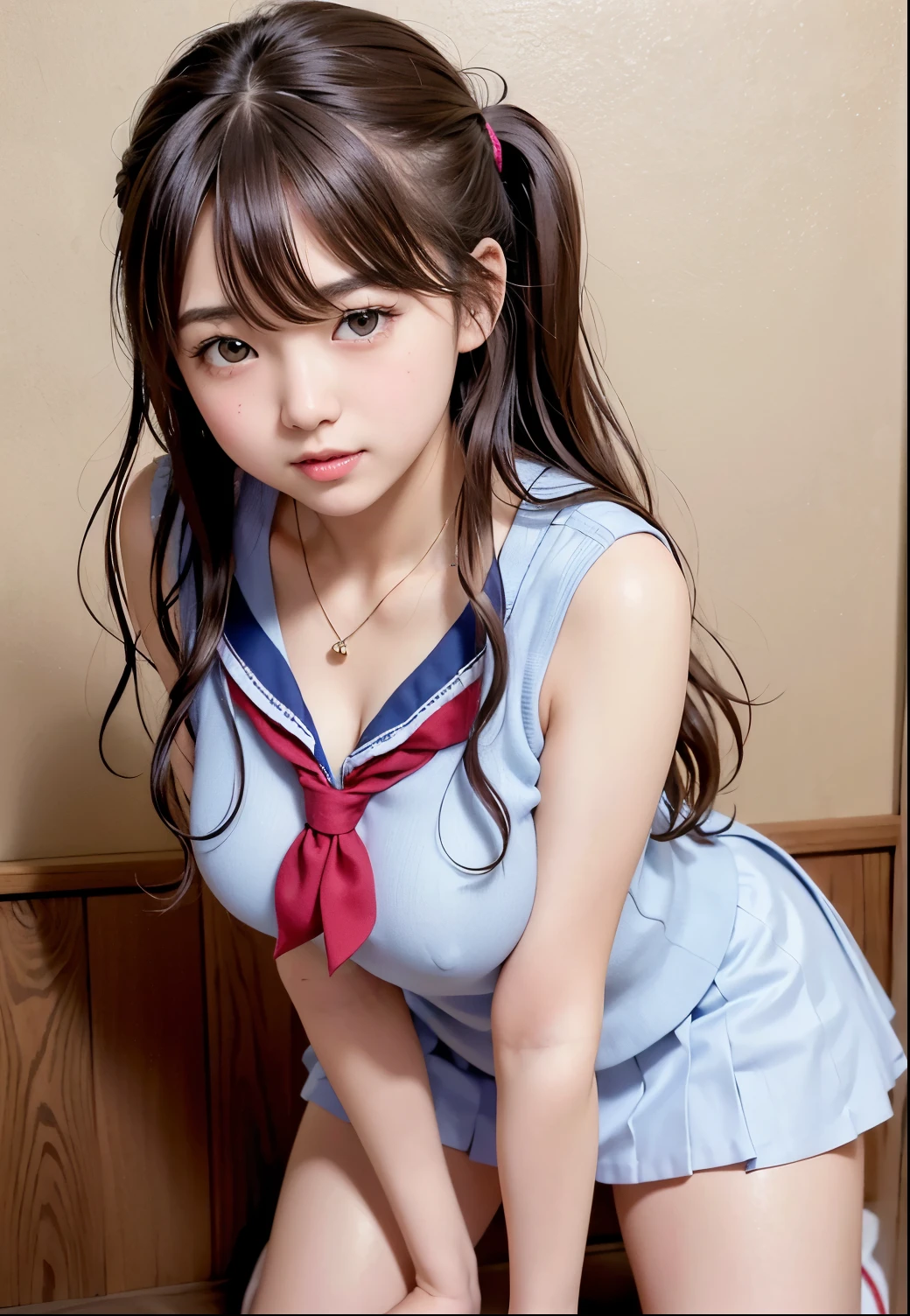 (highest quality,masterpiece:1.3,Ultra-high resolution),(Very detailed、Caustics) (Realistic:1.4, RAW shooting、)Ultra-Realistic Capture、Very detailed、Natural skin texture、masterpiece、(One Japanese girl wearing a high school sailor uniform:1.3)、Adorable expression、Expressions of Happiness、14 yea Face、Amazingly cute、Twin tails、Curly Hair、Black Hair、Scrunchie、necklace、Bare arms、light makeup、G-cup breasts、Shining Breasts、Shining thighs、Filmed in a private room at a sex shop、The scene when he entered the room、A pose that emphasizes the chest、smile、An inviting gaze、Full body photography、Anatomically correct、Attention to detail、