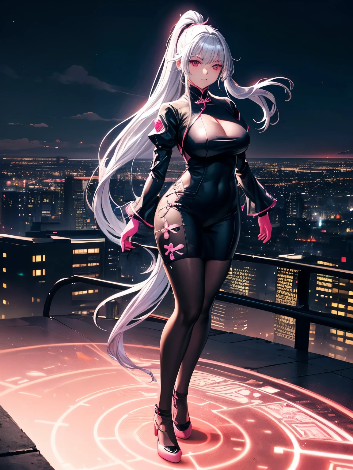 anime, (artwork, best quality, ultra-detailed, high contrast), 1 woman (Alone, full body, plus size body, standing on the edge of the skyscraper, silver hair, LONG In a ponytail, red eyes ruby sparkles, (simple black qipao, black cybernetics with neon pink), transparent black socks), (skyscraper roof, overlooking a city, detailed background ((night time, Darkness, low light pollution)))