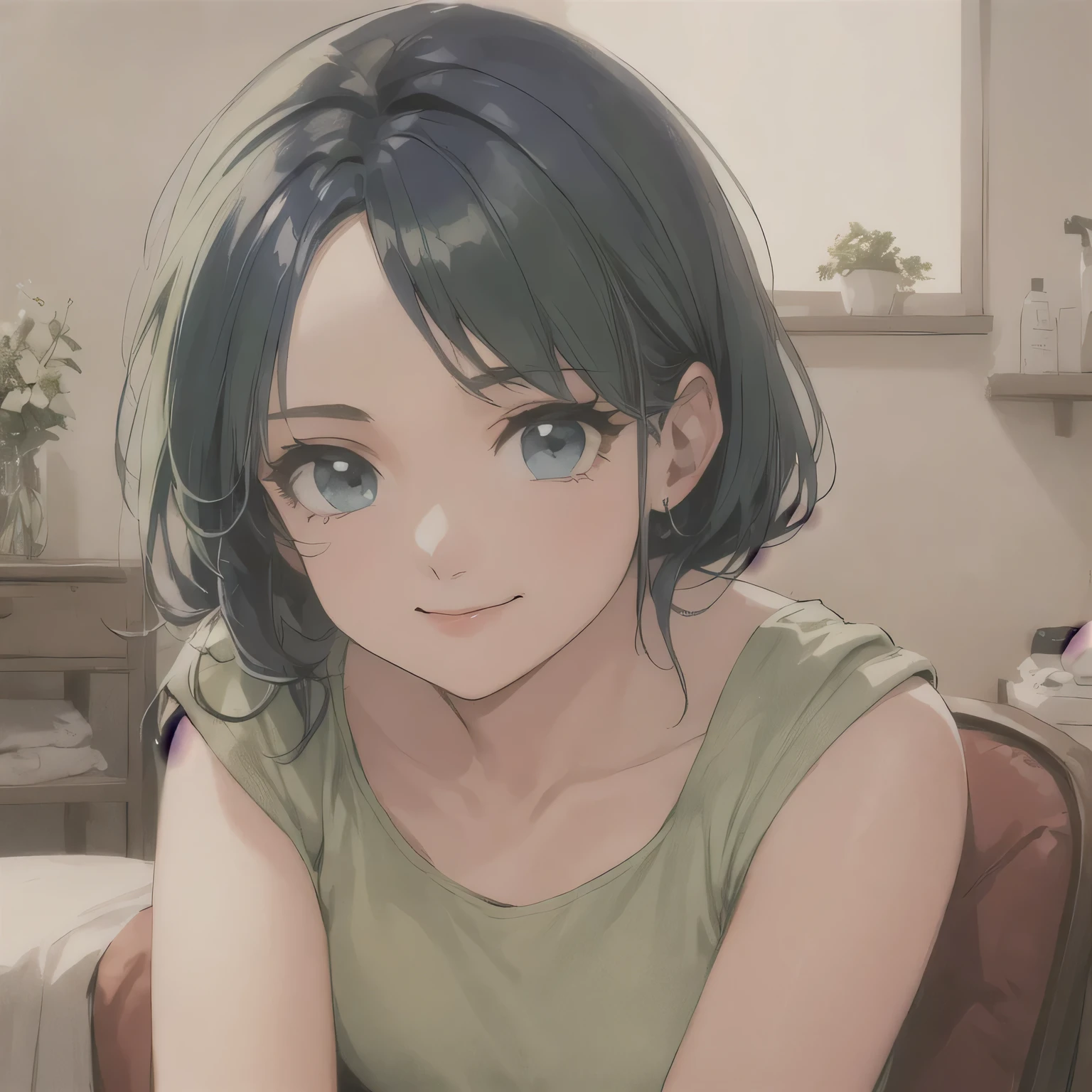 Retro Art Style、beautiful、masterpiece、Best Quality、Detailed face、Perfect lighting、One girl、solo、cute、mature、Beautiful woman、smile、(Closed Mouth: 1.1)、Green short hair、Messy bangs、In my room、Showa hairstyles、Green Hair、Sit on a chair、1980
