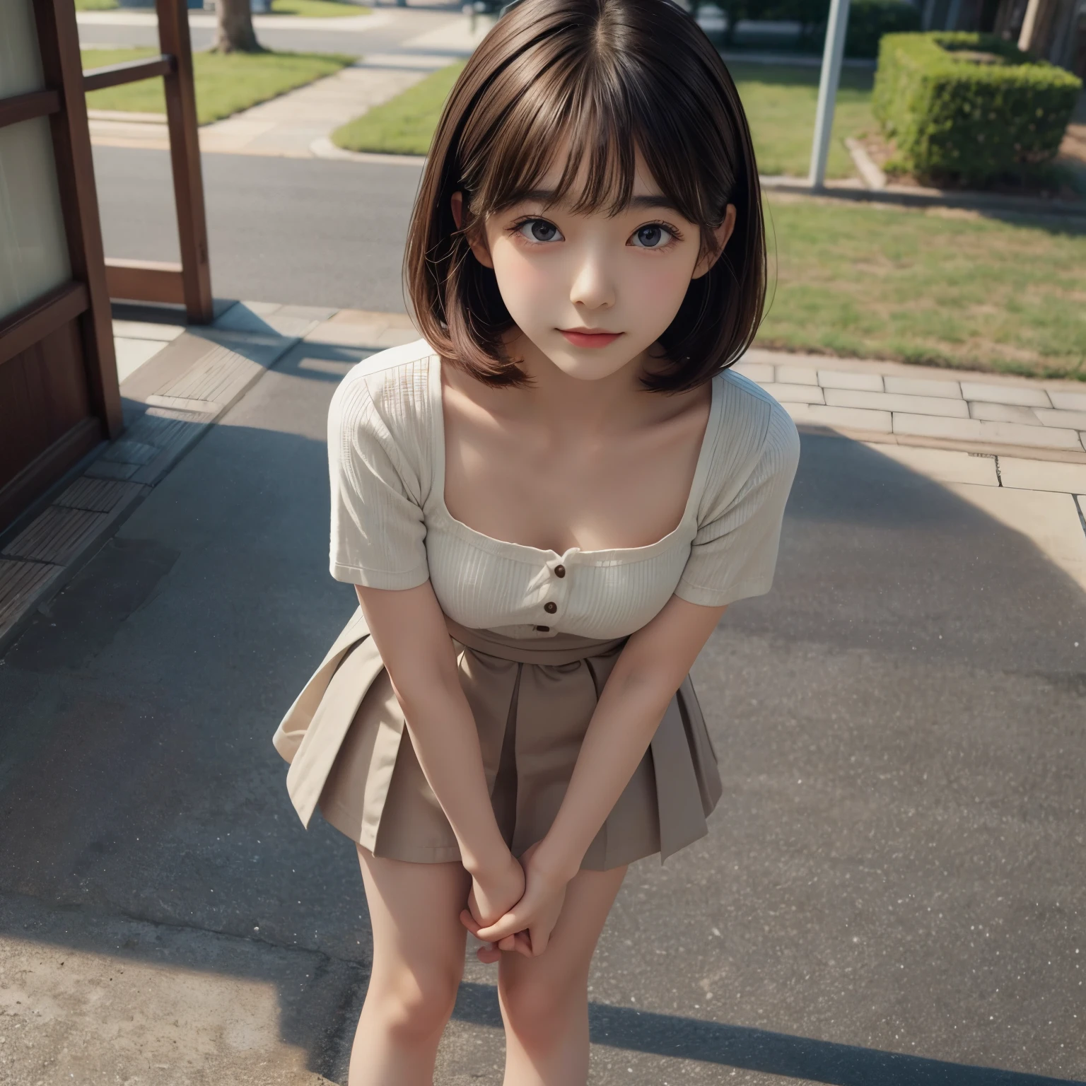 detailed face, cute face,brown eye, ((standing)) , (both hands on knee) , leaning forward , master piece , best quality , highly detailed , (matured female) , japanese