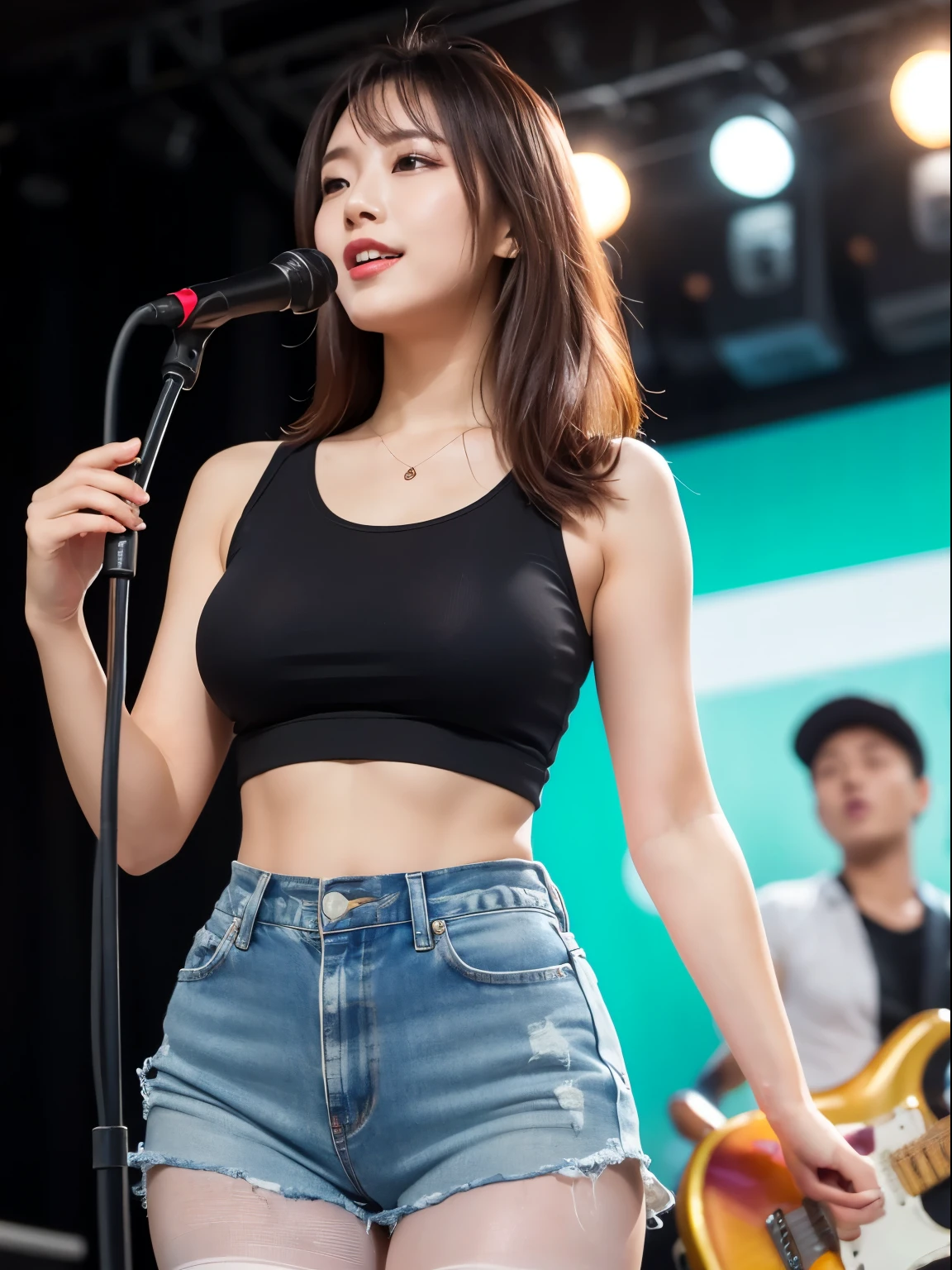 (((Fine and best quality))),((Best Work)),Golden Ratio,clear,Incredible quality:1.1,Detailed depiction,((Perfect and flawless anatomy)),Adult women in their early 20s,((Dense and delicate skin,face,)),(Shiny skin),(shiny colorful hair),The body is slim,T-Shirts,Denim Tight Shorts、Blue Electric Guitar,guitarist, Ultra-realistic pantyhose, Girl Band,rock star,Live Stage,Sweat flowing through the body:1.3