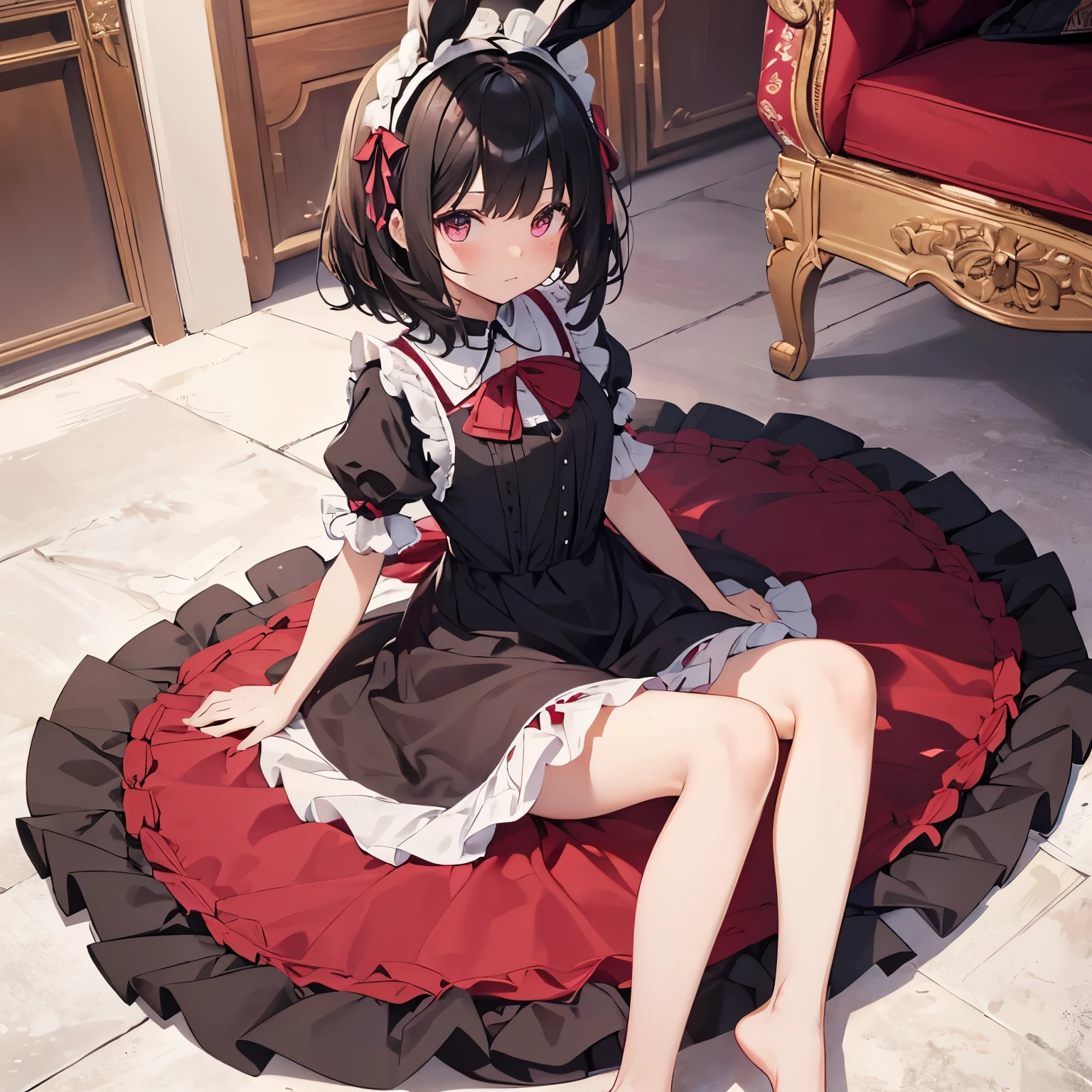 (masterpiece), (highest quality), (Super detailed)，Inabateゐ，Black Hair，Curly hair，Bobcut，Fluffy bunny ears，Short-sleeved dress with red seams at the hem，barefoot，Lolita，Spoiled brat，clothes are pink