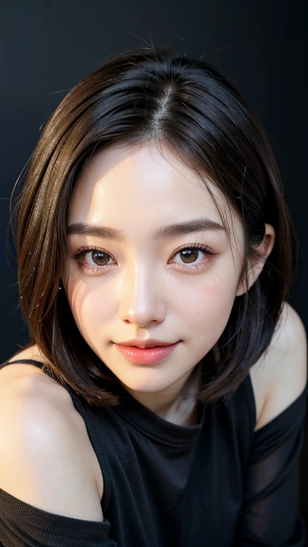 (((Close-up of face)))、(((Absolutely shoulder-length brown straight short bob)))、(((She is posing like a hair salon model, with a black wall indoors as the background.)))、(((Casual black winter long sleeves with shoulders covered)))、Half Japanese, half Korean、18 year old girl、Standing Alone、Looking forward、Light eye makeup、Brown Hair Color、Flat and 、Hair blowing in the wind、Actress Quality、Glossy, ultra-realistic face、Smiling face、Watery eyes、Gazing Up、Subtle lighting effects、 Ultra-Realistic Capture、Very detailed、High resolution 16K close up of human skin。Skin texture must be natural、The details must be such that pores can be clearly seen、The skin is healthy、Uniform tone、Use natural light and colors、A worn-out, high-quality photo taken by a model agency's in-house photographer.、smile、(((SIGMA 300 mm F/1.4,1/1000 sec shutter,ISO 400)))