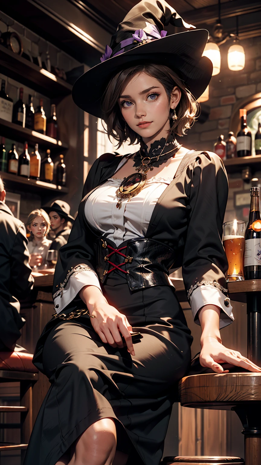 Beautiful witch woman, Short black hair, Purple eyes, Large Breasts, Dressed in witch clothes, Sitting in a pub and smiling, Realistic, Full HD, highest quality