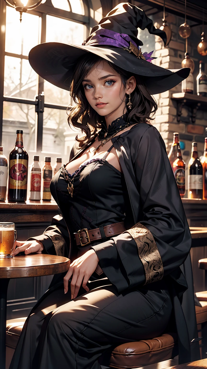Beautiful witch woman, Short black hair, Purple eyes, Large Breasts, Dressed in witch clothes, Sitting in a pub and smiling, Realistic, Full HD, highest quality