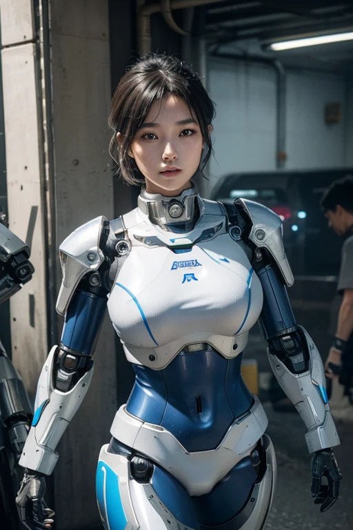 Ultra high definition、masterpiece、correct、Anatomically correct、Textured skin、Very detailed、High detail、high quality、最high quality、High resolution、8k、Digital Cyberpunk Art、Raw photo、whole body、Beautiful Teenage Woman、One Japanese woman、Big beautiful eyeedium chest、Ash colored short hair、((Wears a metallic white and blue mecha robot suit))、(Walking through a cyberpunk station)
