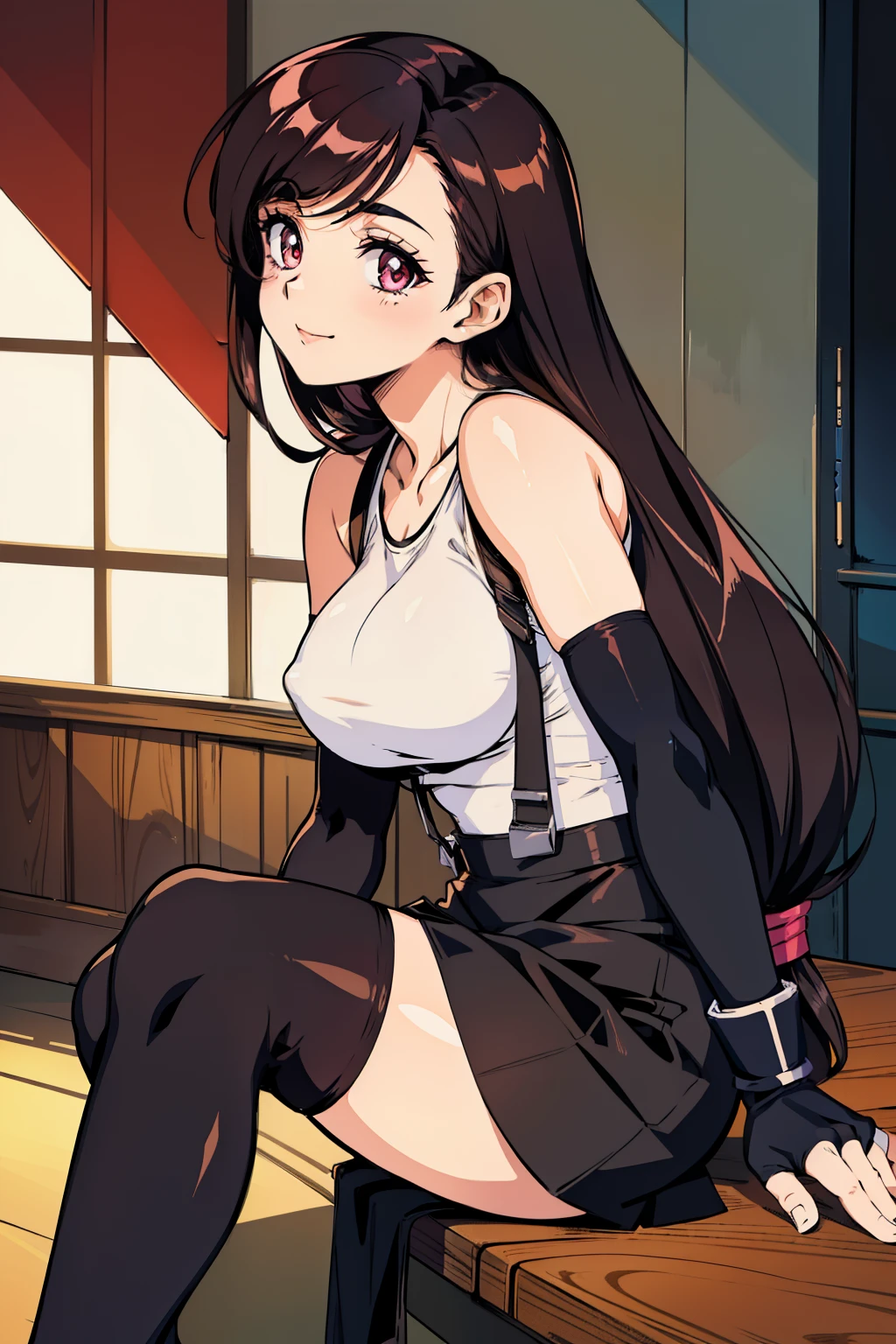 (flat color:1.2), vivid colors, best quality, high resolution, solo, indoors, (huge breasts:1.3), retro anime, sharp, Defined lines, Detailed, makeup, Beautiful face, gorgeous eyes, smile, defTifa, white crop top, elbow pad, fingerless gloves, suspenders, pencil skirt, black socks, from side, sitting