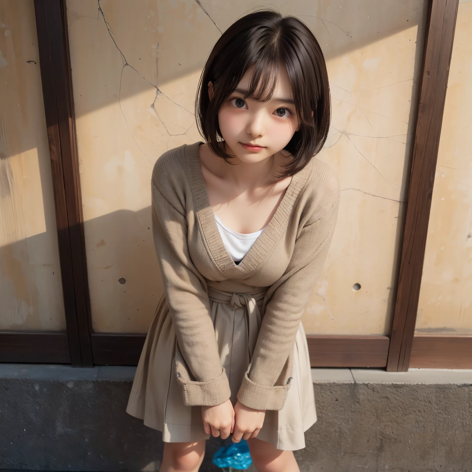 detailed face, cute face,brown eye, ((standing)) , (both hands on knee) , leaning forward , master piece , best quality , highly detailed , (matured female) , japanese