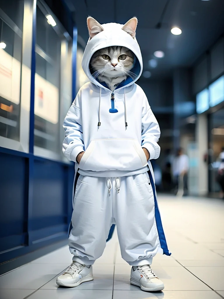masterpiece, highest quality, cute cat, Wearing a blue hooded casual suit, White sneakers, Cool expression, Cute digital illustration art,