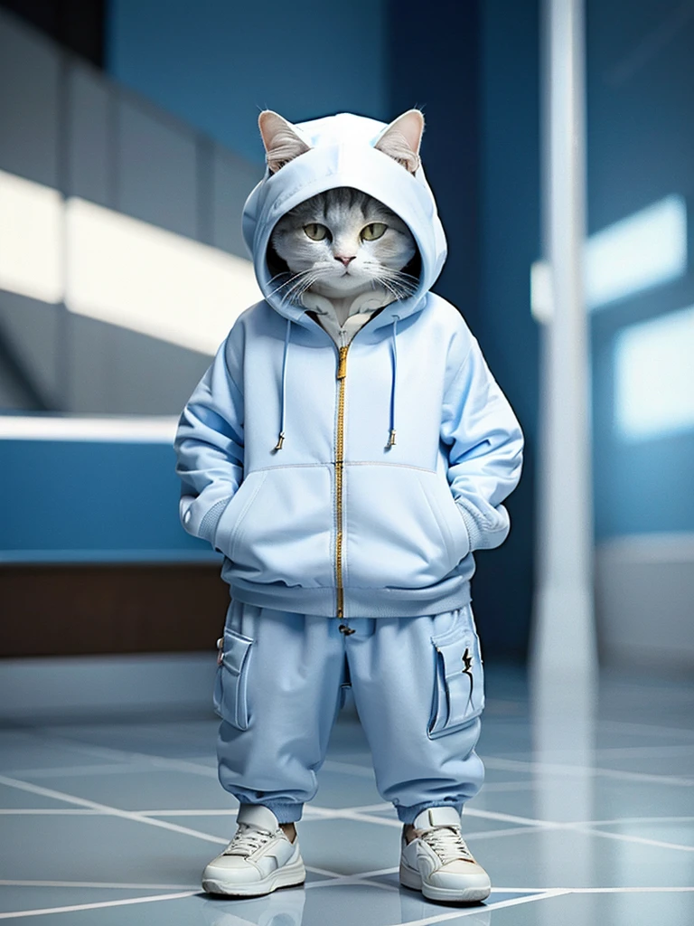 masterpiece, highest quality, cute cat, Wearing a blue hooded casual suit, White sneakers, Cool expression, Cute digital illustration art,