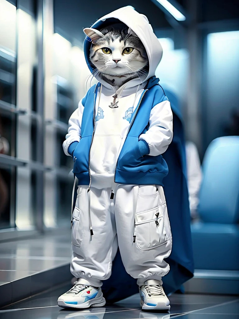 masterpiece, highest quality, cute cat, Wearing a blue hooded casual suit, White sneakers, Cool expression, Cute digital illustration art,