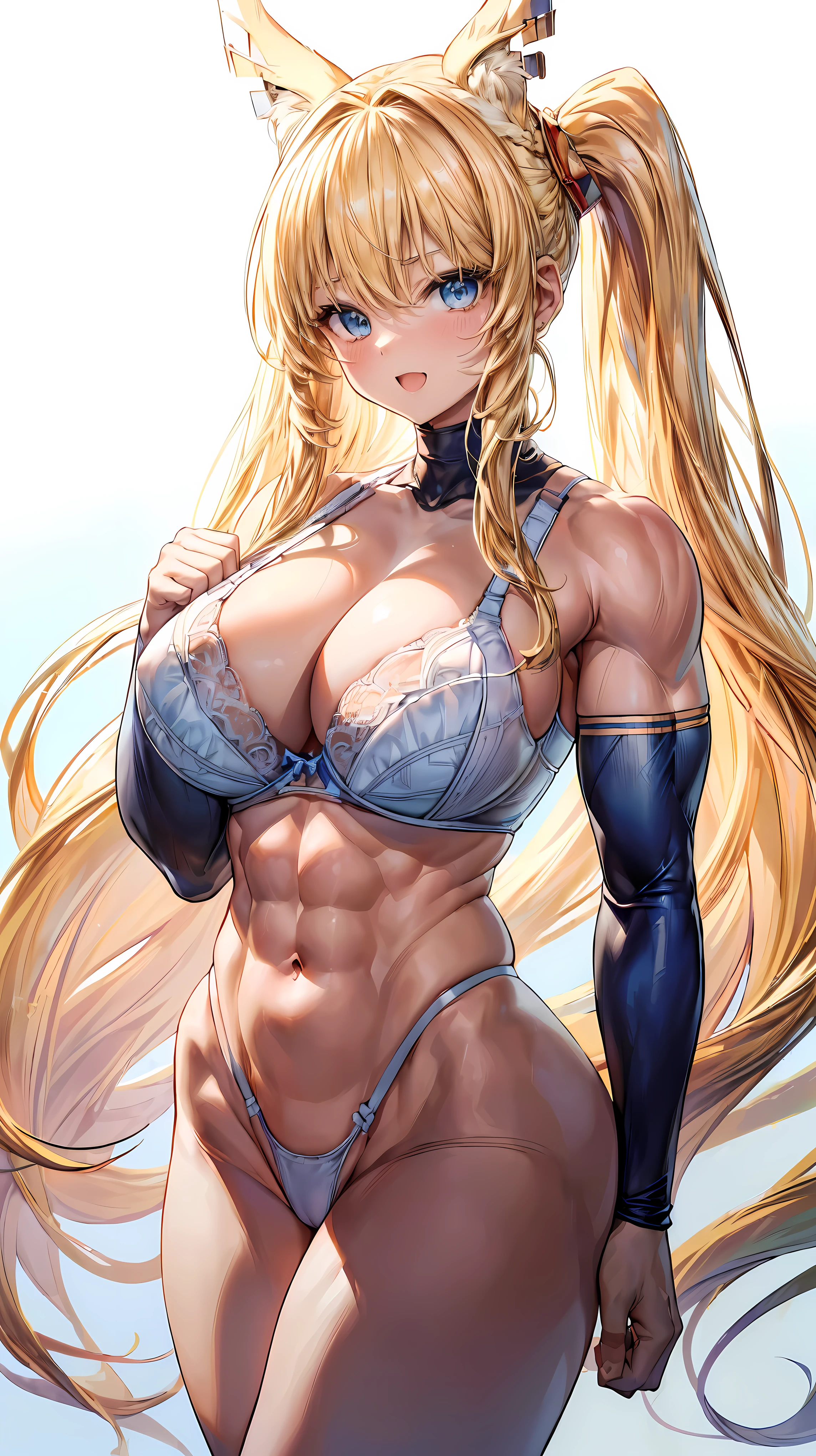 Very detailed、highest quality、Best image quality、masterpiece、8k、Anime Face、A kind smile、(Open your mouth:1.3)、Sparkling blue eyes、(Blonde semi-long hair:1.5)、(Muscles of the whole body:1.3)、(highleg:2.0)、Thigh belt、(Upper body photo:1.5)、(SFW Giant)、(Thick body:1.2)、(bra:1.5)、(sxspnts)