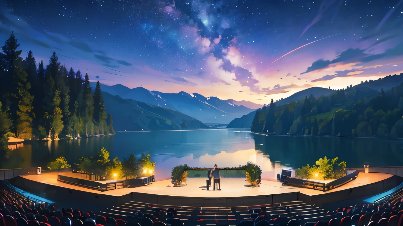 (Outdoor Stage:1.2),  (Audio,Lighting equipment:1.1), Spectacular Nature, Panorama, horizon, landscape, A magical night, Light transmission, (masterpiece), (Best Quality, 8K, High resolution), Ultra-detailed
