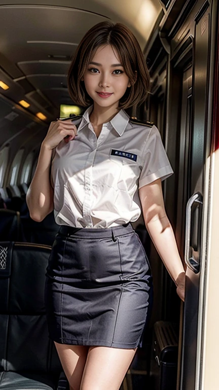 Ultra-high resolution, Ultra-realistic, (whole body), Gorgeous young girl, 24-years-old, Narrow waist, (skinny:1.6), Thin legs, ((ANACabin Attendant Uniform)),（Brown short hair ）, 珰, （Collier beautiful model:1.1）, The background is inside the aircraft、((What a lovely smile))、（Adult sexiness、Attractive eyes）、The glimpse of her thighs is beautiful、（Cabin Attendant Uniform）